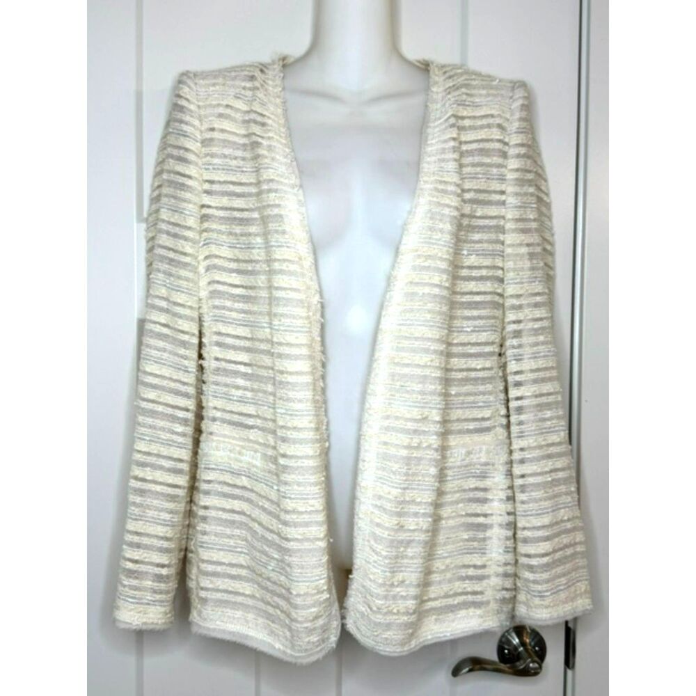 ZARA WOMAN FANTASY BOUCLE CREAM TWEED OPEN FRONT CARDIGAN JACKET SIZE LARGE NWOT